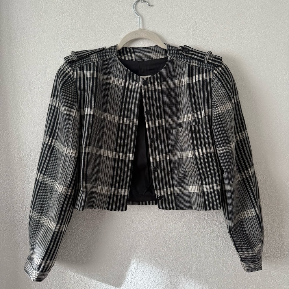 Vintage 80s Wool Plaid Black and Gray Women's Crop‎ Jacket Button Front Size 6